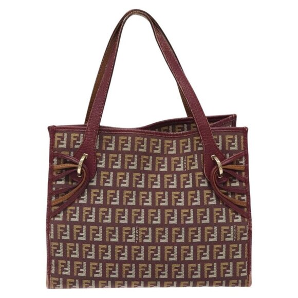 FENDI Zucchino Canvas Hand Bag Wine Red Gold Auth 120902 - Picture 3 of 16